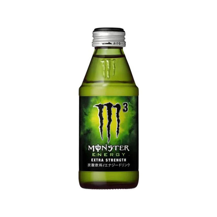 Front of Monster Energy Extra Strength M3 (Japan) bottle showing bold green logo, black label, and refreshing energy drink design (150ml)