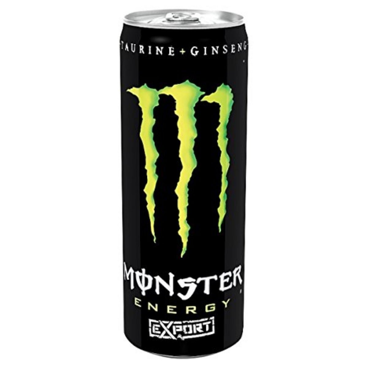 Front of Monster Original Export energy drink can showing bold green logo, taurine and ginseng details, and 250ml pack size