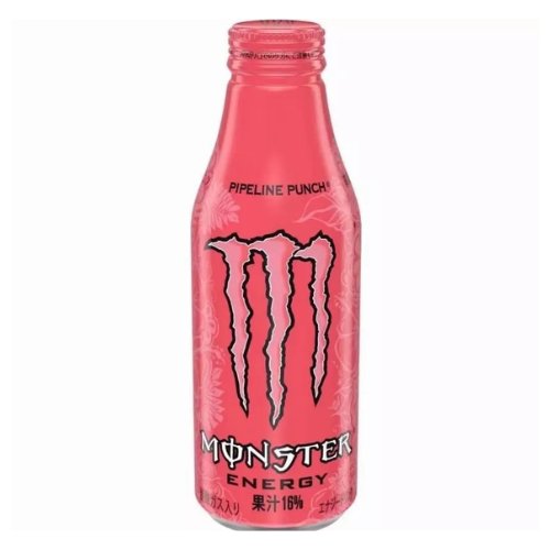 Front of Monster Pipeline Punch Bottle showing vibrant pink label with logo, flavour details, and 500ml capacity