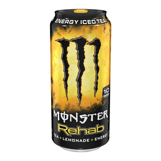Front of Monster Rehab Tea+Lemonade can featuring a bold logo, iced tea and lemonade blend, and 500ml pack size