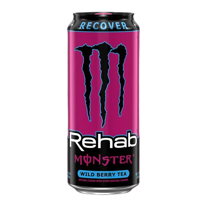 Front of a can of Monster Rehab Wild Berry Tea showing the logo, wild berry flavour, and 458ml pack size