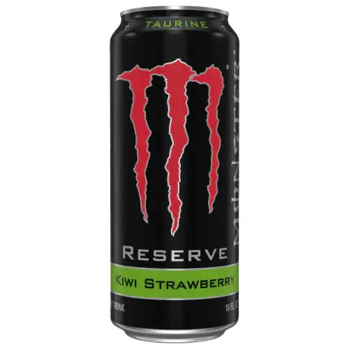 Front of Monster Reserve Kiwi Strawberry can showing black design with red logo, kiwi strawberry flavour text, and 473ml volume.