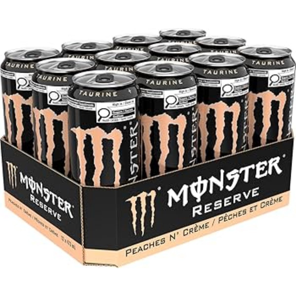 Front of Monster Reserve Peaches N' Creme case showing 12 cans, peach and cream flavour label in black and orange (12 x 473ml pack)