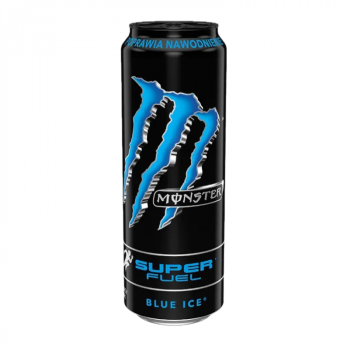 Front of Monster Super Fuel Blue Ice can featuring blue logo, bold graphics, and cool blue ice flavour label (568ml pack)