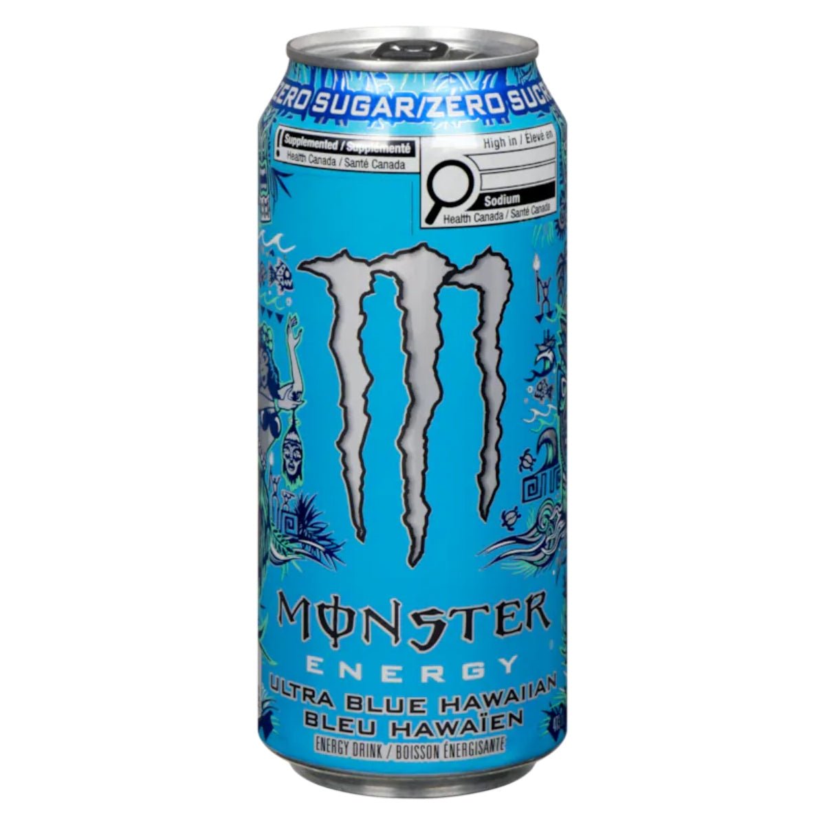 Front of Monster Ultra Blue Hawaiian can showing blue design, bold logo, and details on tropical flavour (473ml)