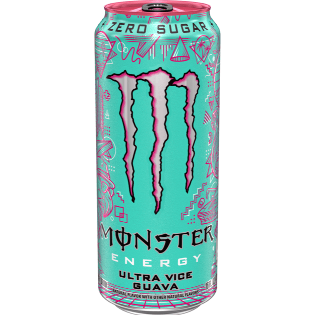 Front of Monster Ultra Vice Guava energy drink can showing vibrant teal colour, logo, and tropical guava flavour details (473ml)