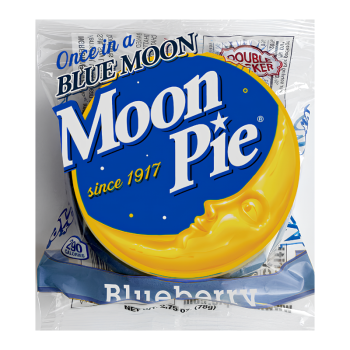 Front of Moon Pie Blueberry Double Decker package showing the blue logo, blueberry flavour text, and iconic moon design (78g pack)