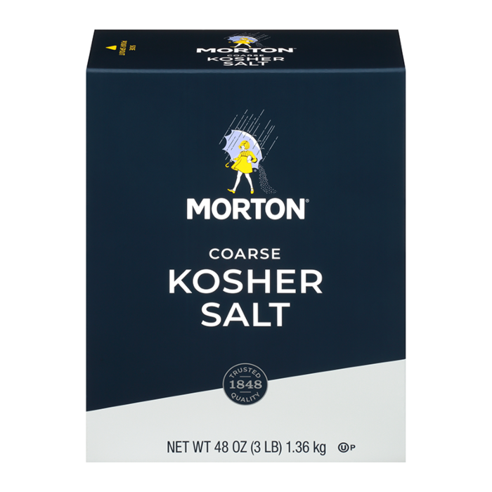 Front of Morton Coarse Kosher Salt box showing logo, coarse kosher salt label, and pack size of 1.36kg (net weight 48 oz)
