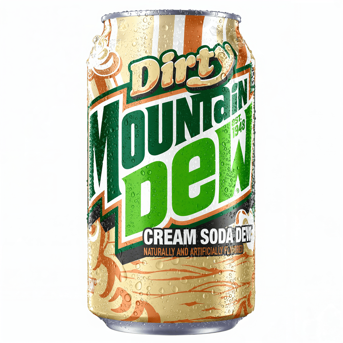 Front of Mountain Dew Dirty Cream Soda can featuring bold green and gold design, logo, and 355ml label
