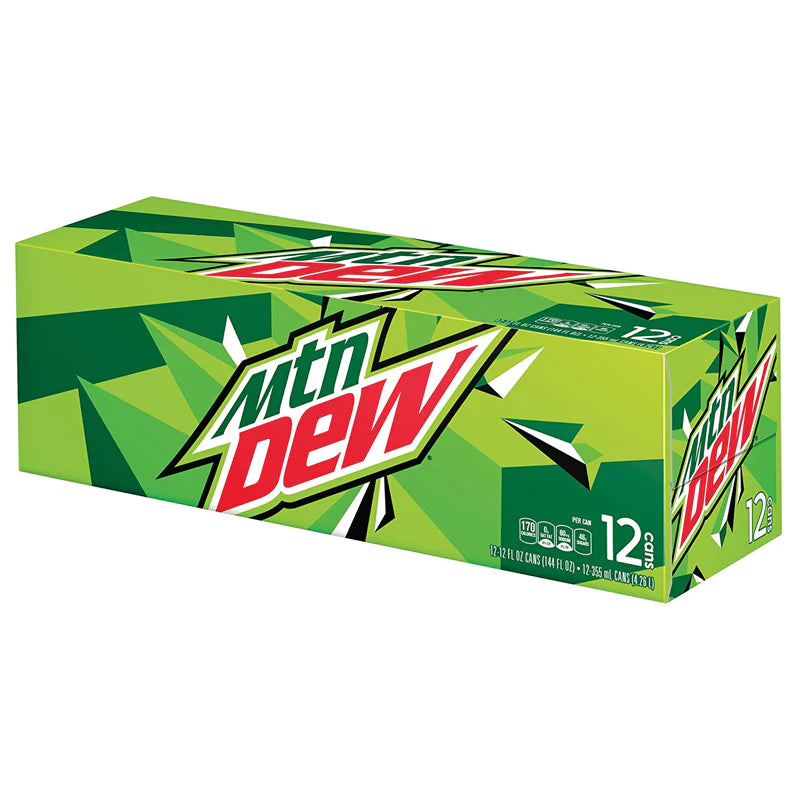 Front of Mountain Dew USA Original case showing vibrant green packaging, logo, and information about the 12 cans (355ml each)