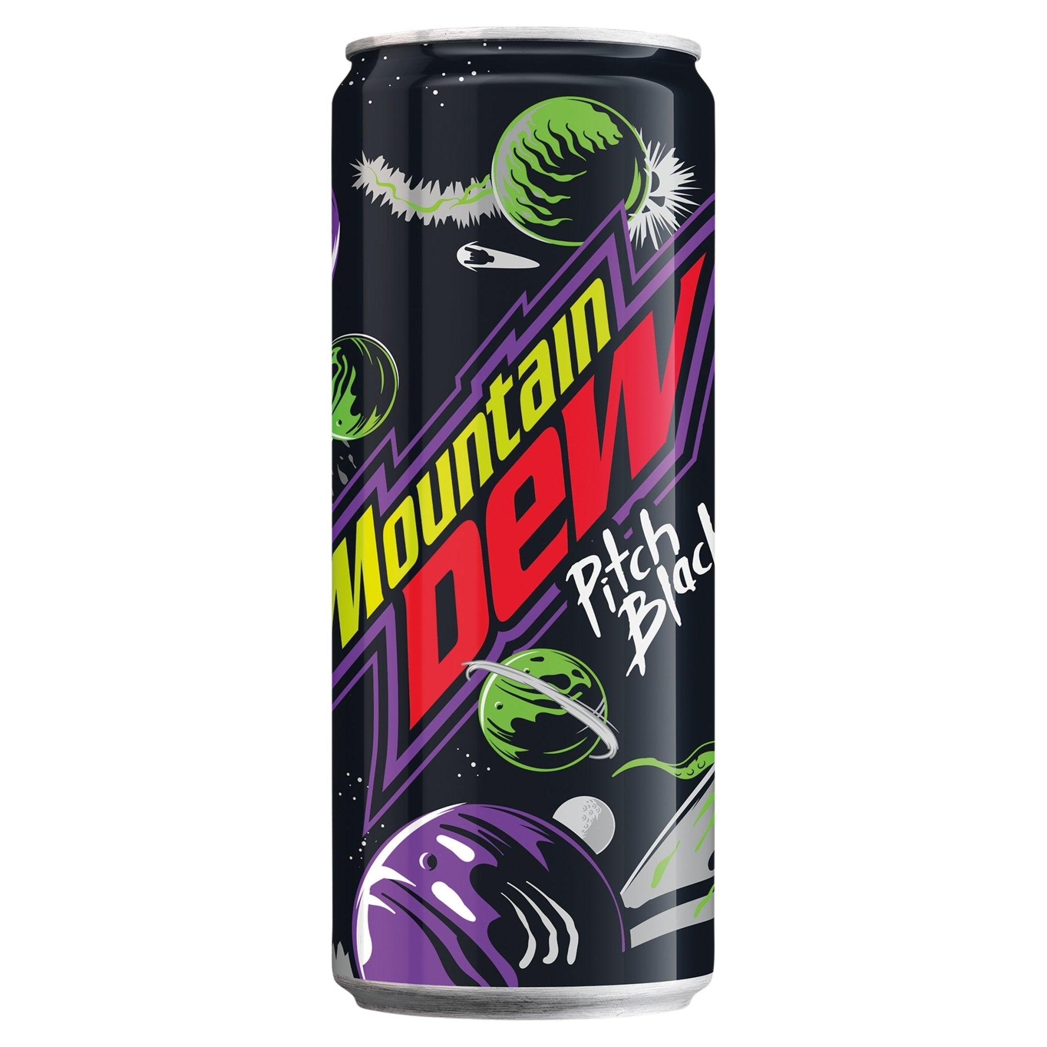 A single Mountain Dew can in the Pitch Black flavor, featuring a dark space-themed design with green planets, purple rings, and the brand logo in red and yellow.