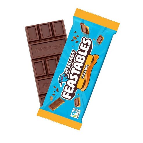 Front of Mr Beast Feastables Caramel bar showing logo and vibrant packaging design (60g)