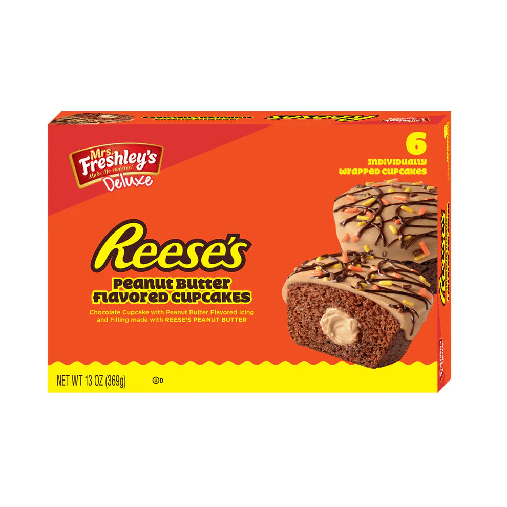 Front of Mrs. Freshley's Reese's Chocolate Cupcakes box showing the logo, a picture of chocolate cupcakes with peanut butter icing, and 396g pack size.