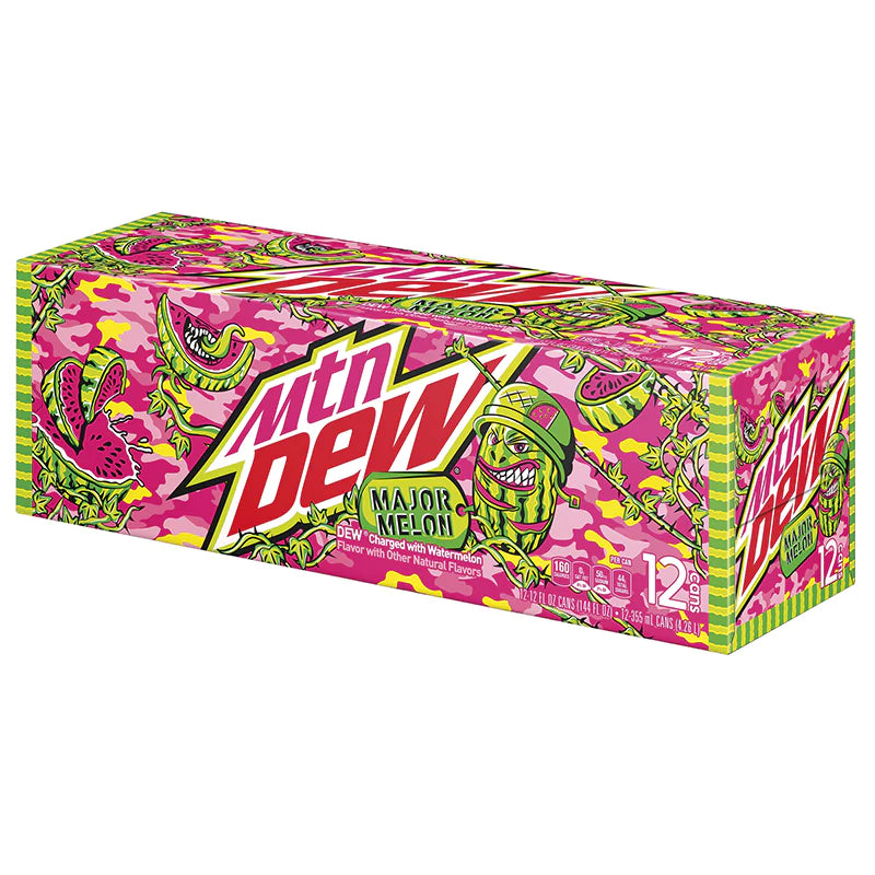 Front of Mountain Dew Major Melon case showing vibrant design, bold logo, watermelon flavour label, and 12 pack of 355ml cans