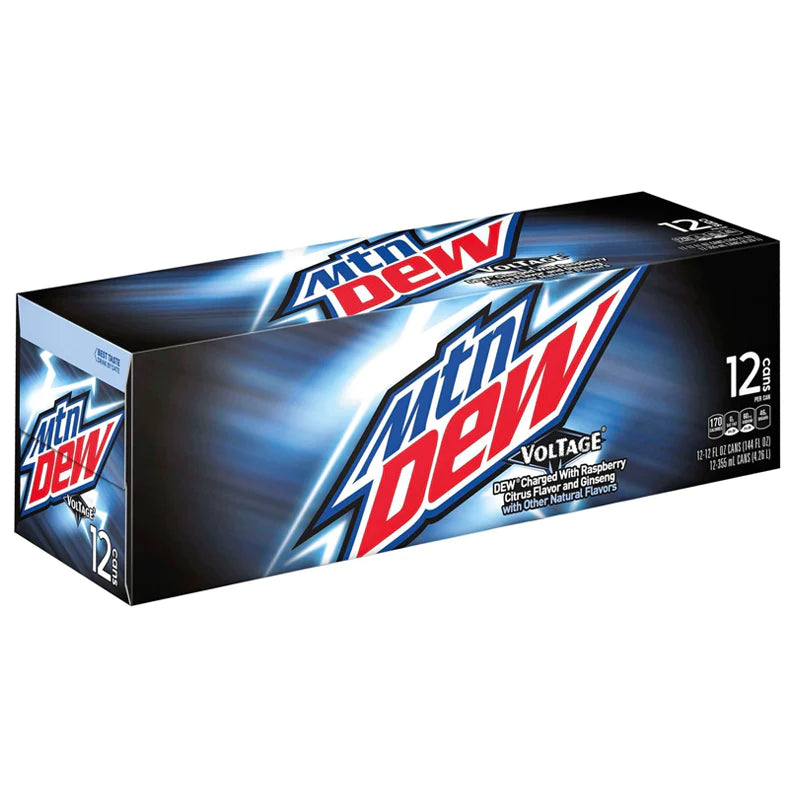 Front of Mountain Dew Voltage case showcasing bold logo, raspberry and citrus flavour details, and pack size (12 cans).