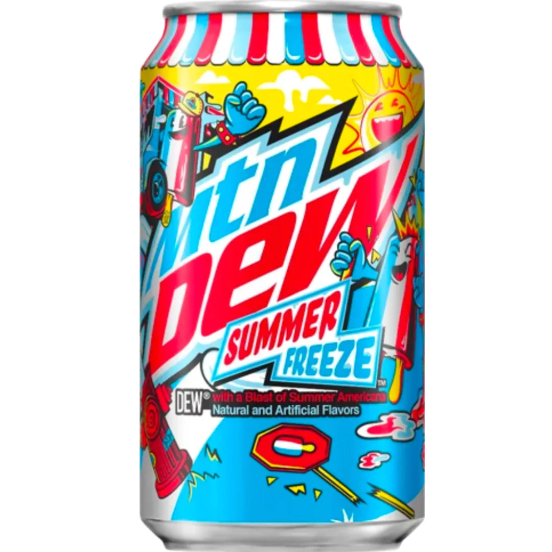 Front of Mountain Dew Limited Edition Summer Freeze can showcasing vibrant colours, fun graphics, and product title (355ml)