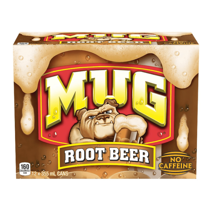 Front of a Mug Root Beer case showing the logo, root beer flavour, and 12 x 355ml pack size with a dog mascot.