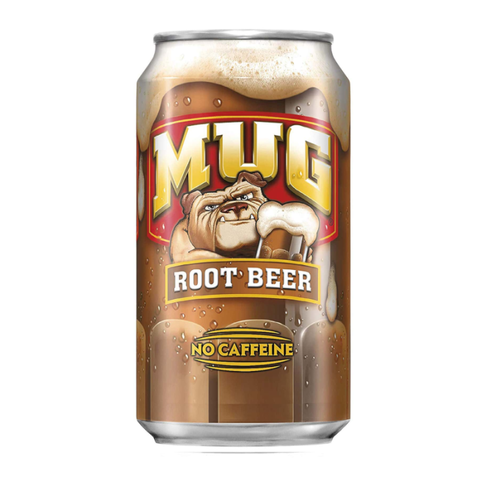 Front of Mug Root Beer can showcasing the logo, root beer flavor, and 355ml size with a fun image of a bulldog.