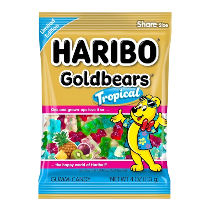 Front of a bag of Haribo Limited Edition Gold Bears Tropical showing vibrant gummy bears and the logo (113g pack)