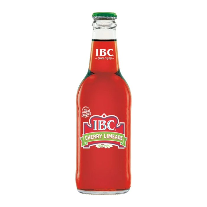 Front of IBC Cherry Limeade bottle showing vibrant red liquid, IBC logo, and cherry limeade label (355ml)
