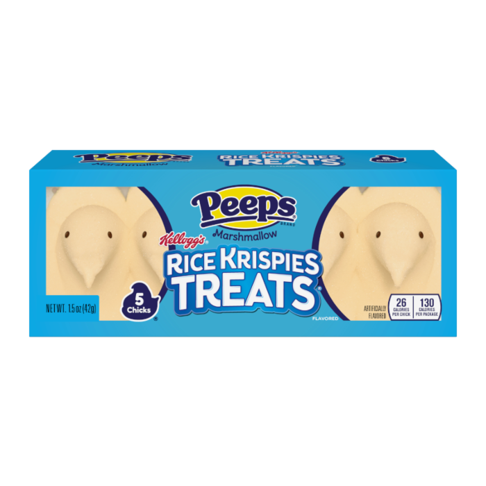Front of Peeps Rice Krispies Chicks box showing blue logo, chick-shaped treats, and pack size (42g)