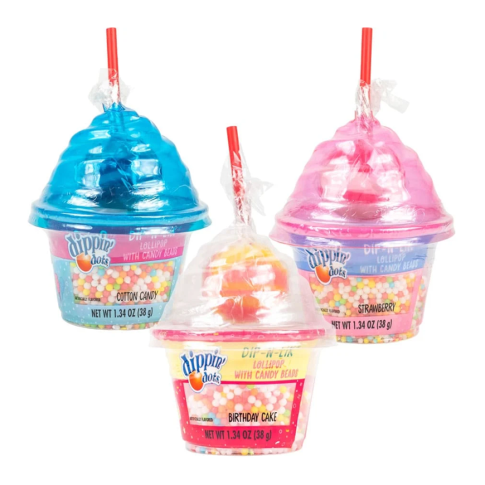 Front of Koko's Dippin' Dots Dip-N-Lik showing colourful lollipop with candy beads in a cup (38g)