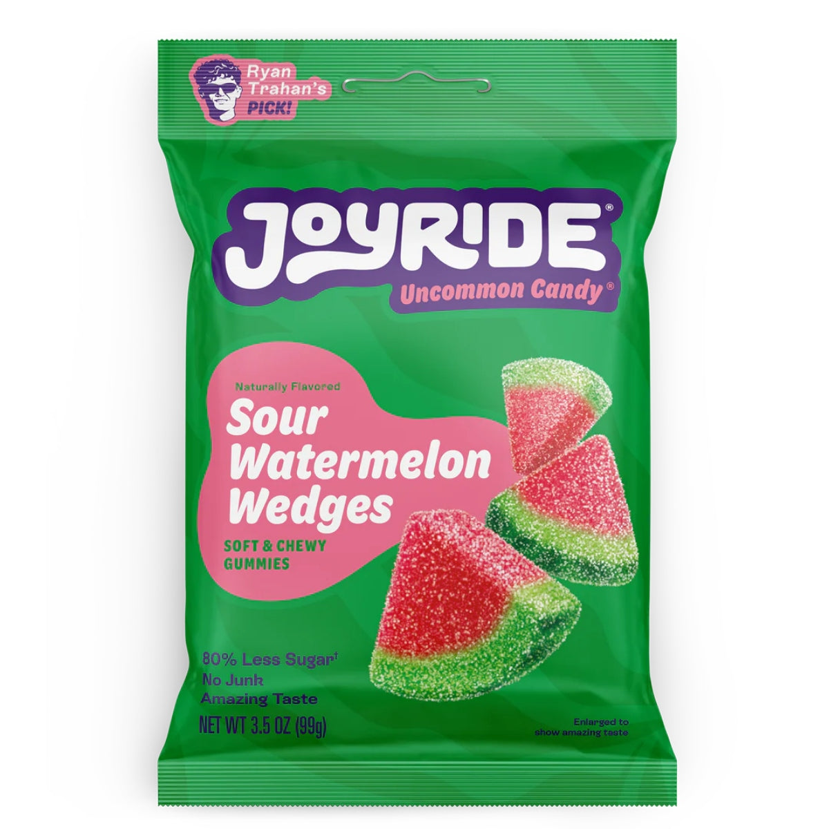 Front of Joyride Watermelon Wedges bag displaying green logo, pink label with sour watermelon wedges illustration, and pack size (99g)