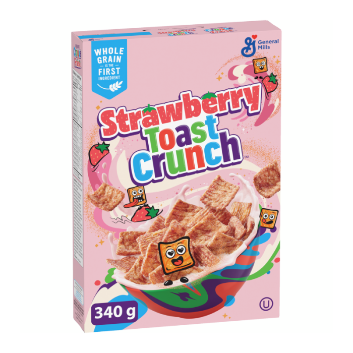 Front of Strawberry Toast Crunch Cereal box showing colourful logo, cereal bowl and pieces, with strawberry graphics and pack size (340g)