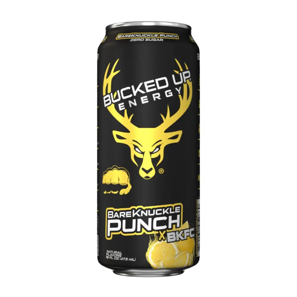Front of a Bucked Up Energy Bare Knuckle Punch can featuring the logo, bold graphics, and yellow flavour cues (473ml)
