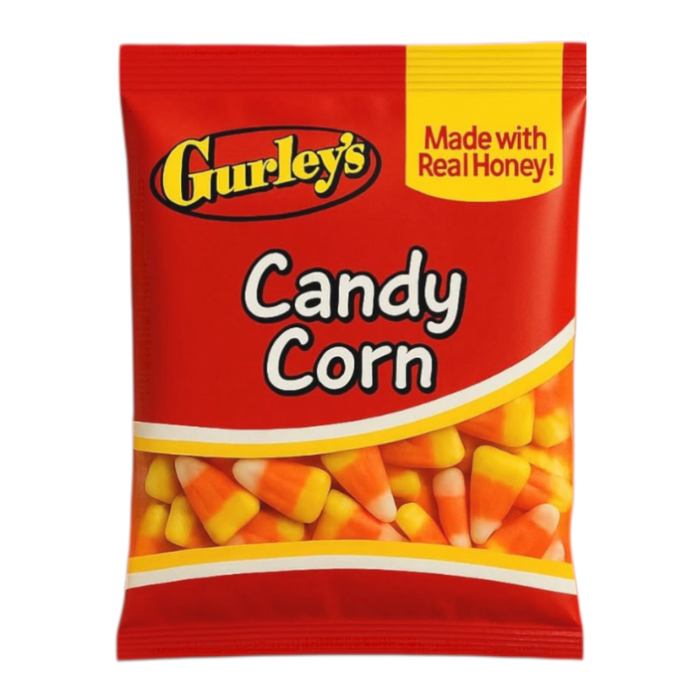 Front of Gurley's Candy Corn bag showing vibrant red packaging with logo and image of candy corn pieces (142g pack)