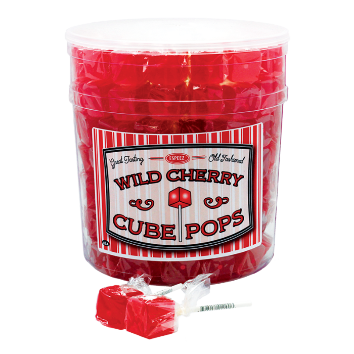 Front of a plastic tub of Espeez Wild Cherry Cube Pops showing bright red candy cubes and the label design (21g)