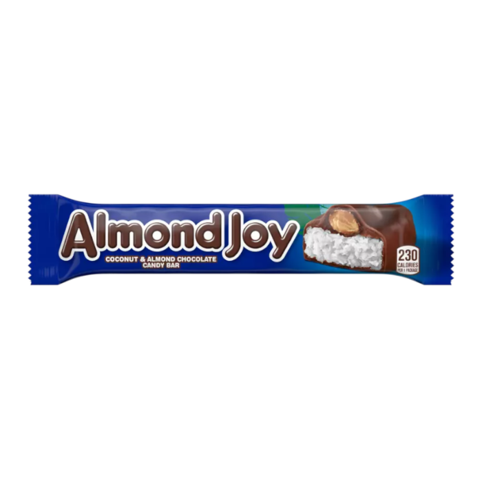 Front of Almond Joy Bar showing blue logo, coconut and almond chocolate candy bar, and 46g pack size