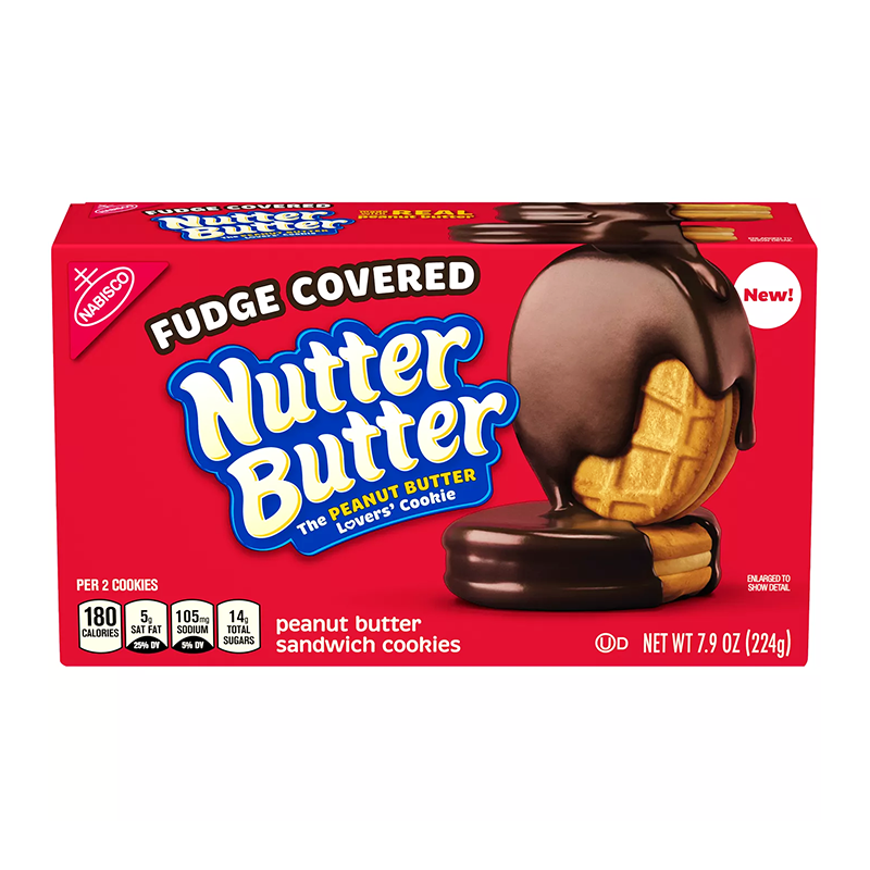 Front of Nabisco Nutter Butter Fudge Covered Cookies box featuring logo and image of fudge-covered peanut butter cookies (224g pack)