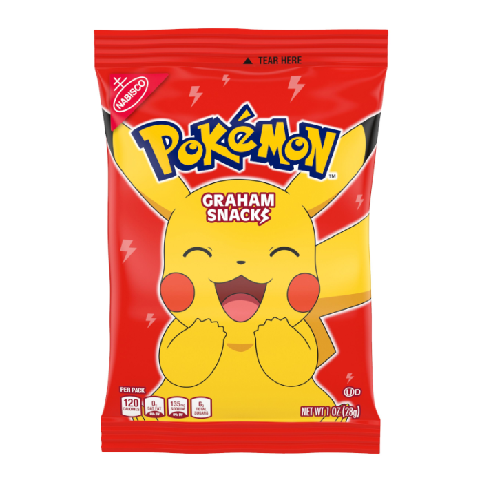 Front of Nabisco Pokemon Graham Snacks bag showing vibrant red packaging with a smiling Pikachu, graham snacks label, and net weight of 28g.