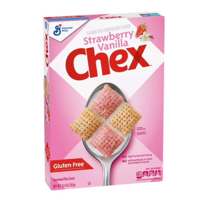 Front of Chex Strawberry Vanilla Cereal box showing logo, strawberry and vanilla flavour label, and sweetened rice cereal (351g pack)
