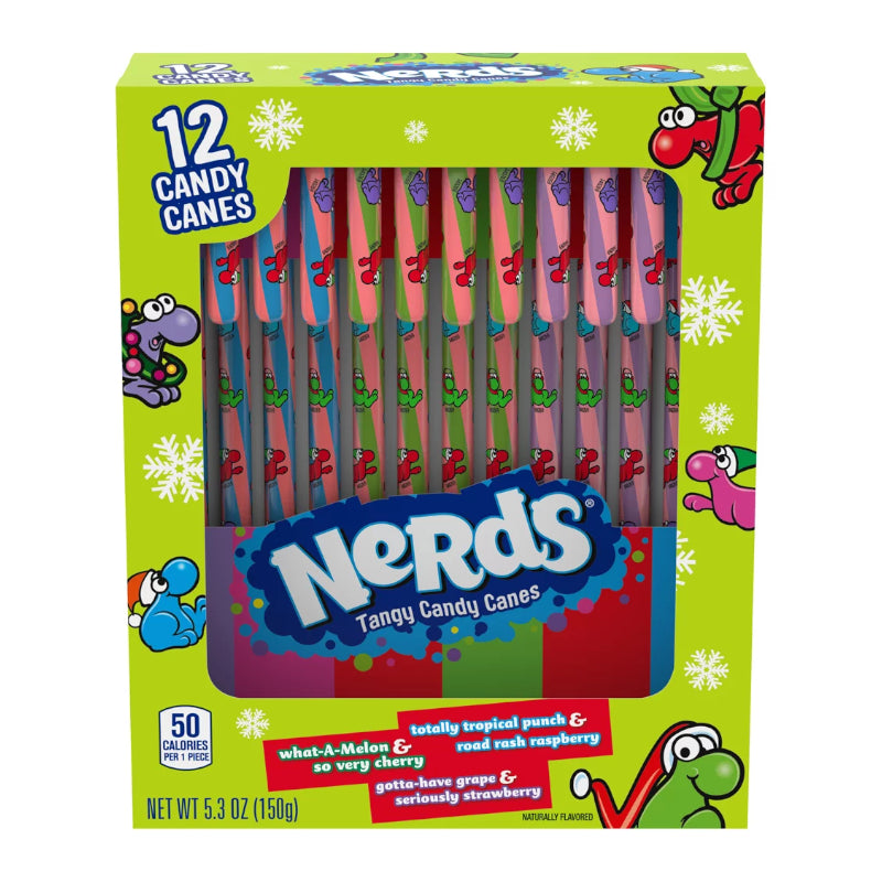 Front of Nerds Candy Canes box showing vibrant colours, multiple candy canes, and the flavours what-a-melon, cherry, and tropical punch (12 pack, 150g)
