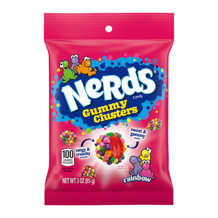 Front of Nerds Gummy Clusters Rainbow bag featuring vibrant colours, logo, and images of the candy clusters (85g pack)