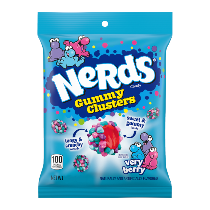 Front of Nerds Gummy Clusters Very Berry bag showing vibrant colours, logo, and images of the gummy clusters (85g pack)