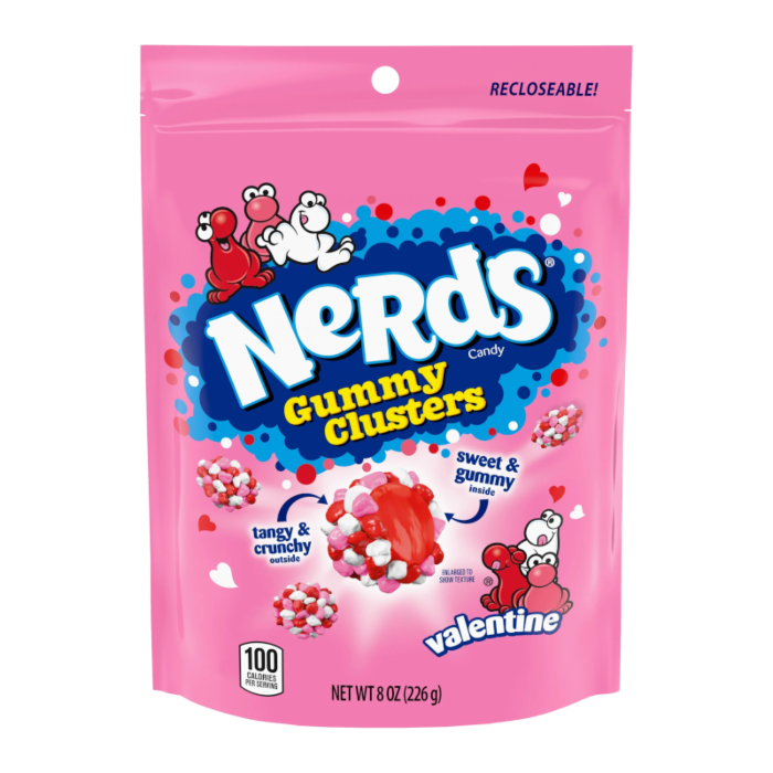 Front of a pink bag of Nerds Valentine's Gummy Clusters, featuring tangy and crunchy candy with sweet gummy inside, 226g pack