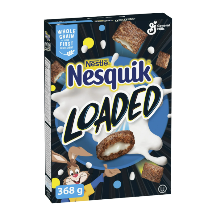 Front of Nesquik Loaded Cereal box featuring the logo, crunchy cereal pieces, creamy centre illustration, and a 368g label.