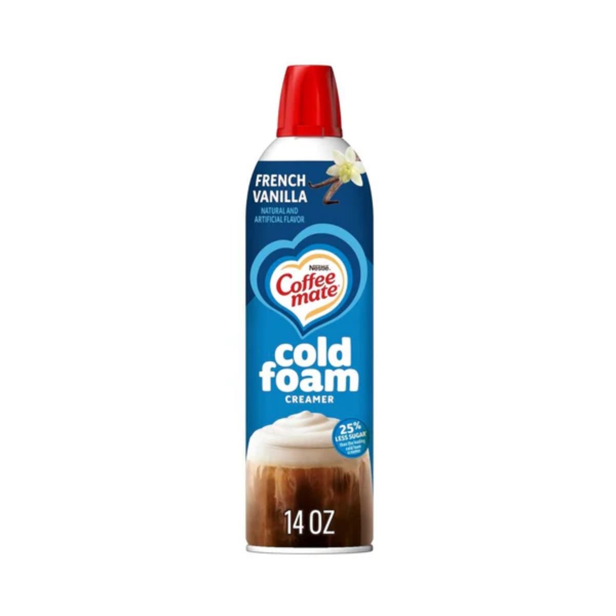 Front of Nestle Coffee Mate Cold Foam French Vanilla Flavour can showing logo and creamy foam on a coffee drink (414ml)