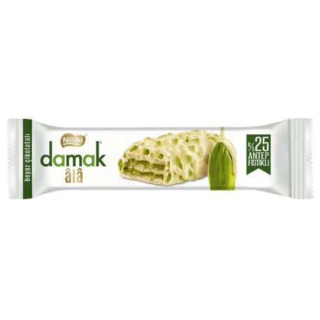 Front of Nestlé Damak White Chocolate Pistachio Bar showing logo, white chocolate with pistachio imagery, and 30g pack size.