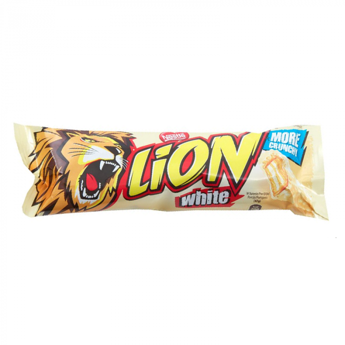 Front of Lion Bar White packaging showing the brand logo, vibrant lion graphic, and white chocolate bar design (42g pack)