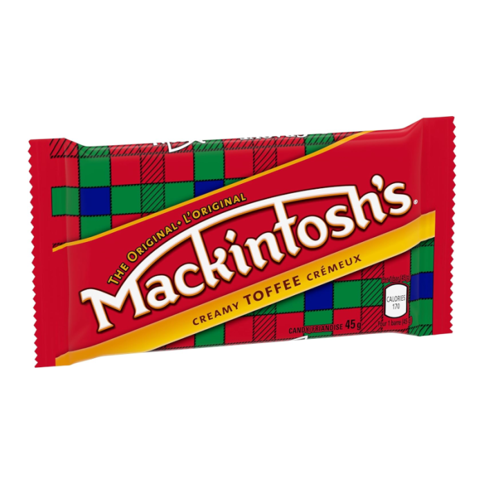 Front of Nestle Mackintosh Toffee Bar packaging showing the logo, creamy toffee flavour label, and pack size (45g).