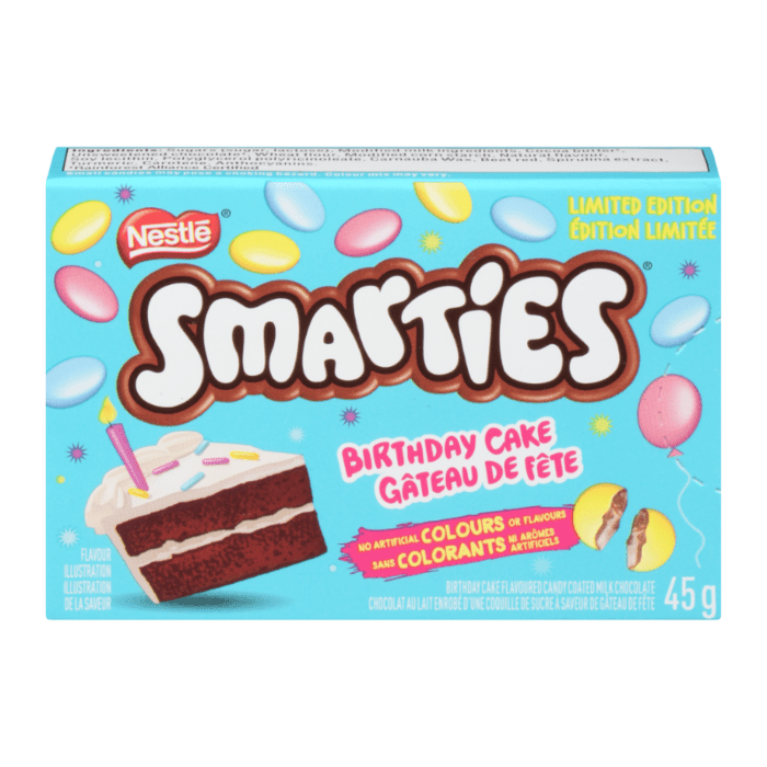 Front of Nestle Smarties Birthday Cake box featuring vibrant colours, birthday cake image, and logo (45g pack)