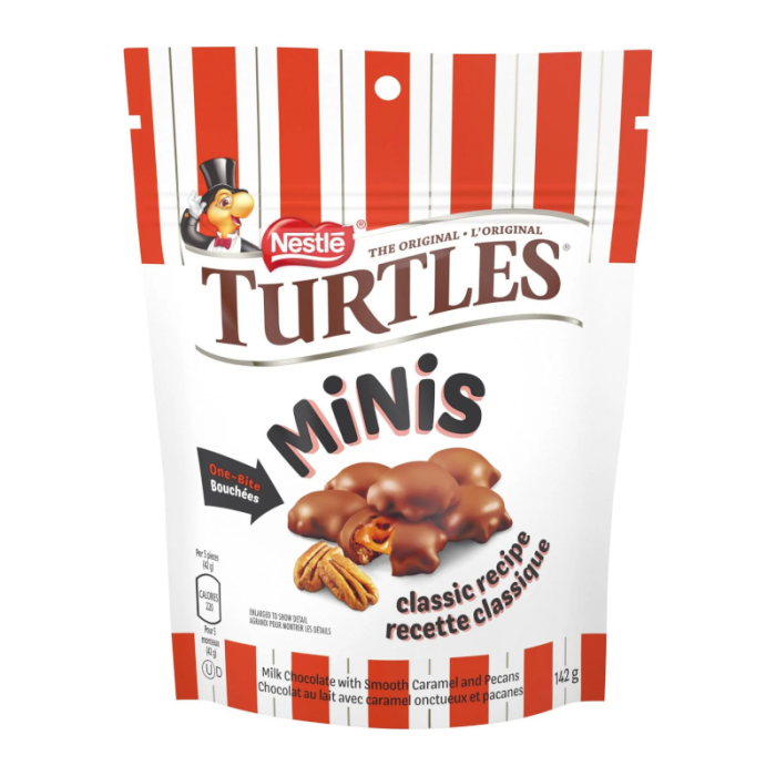 Front of Nestle Turtles Mini's bag showing the logo, product name, milk chocolate description, and 142g pack size