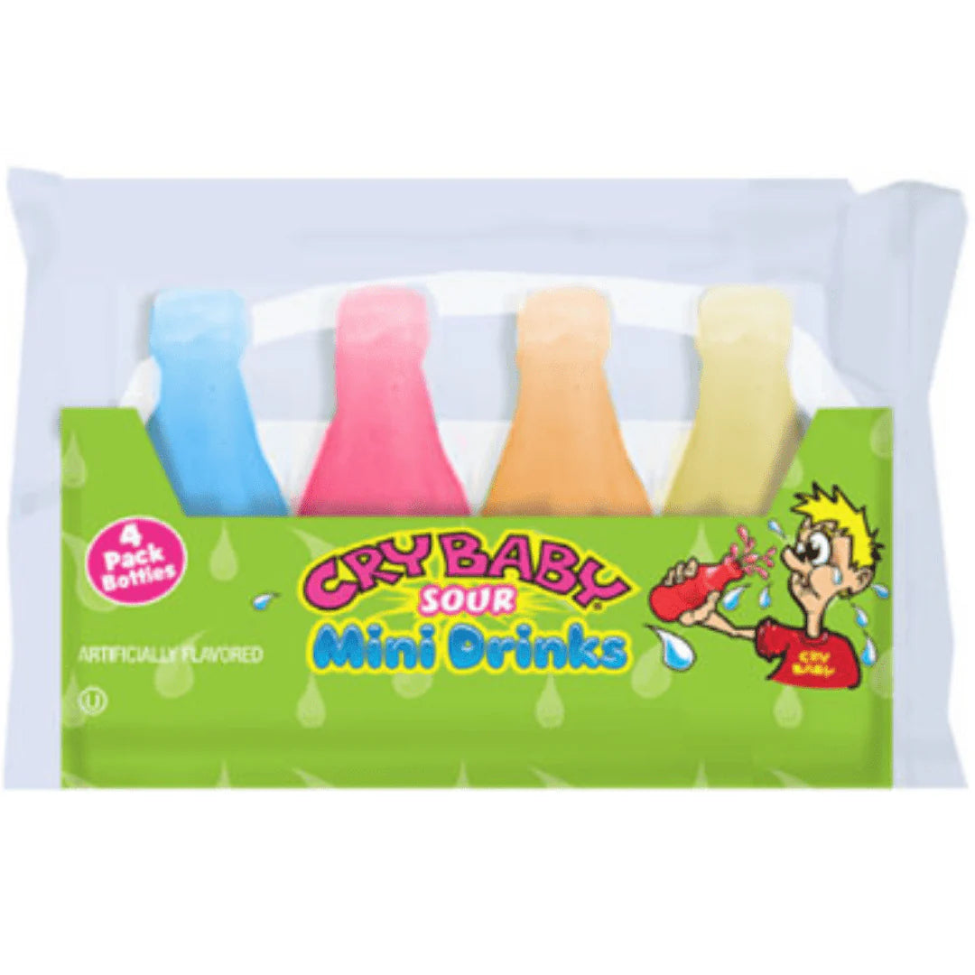 Front of Nik-L-Nip Cry Baby Sour Wax Bottles pack showing vibrant colours, brand logo, and assortment of mini drinks (4 Pack, 39g)