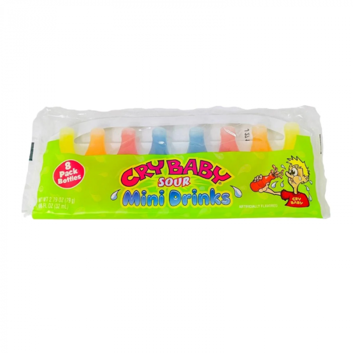 Front of Nik-L-Nip Cry Baby Sour Wax Bottles pack showing bright colours, mini drink designs, and artwork with 8 pack quantity (79g)