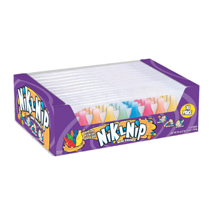 Front of Nik-L-Nip Original Wax Bottles pack featuring colourful mini bottles in a playful design, 8 pack (79g)