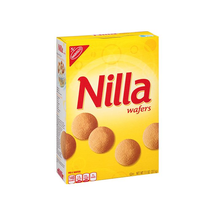 Front of Nilla Wafers box showing bright yellow packaging with the Nilla logo and images of round wafers (311g pack)
